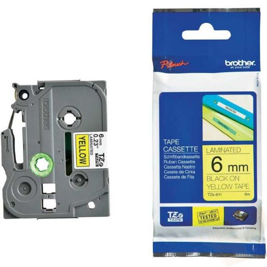 Picture of BROTHER TAPE BLACK ON YELLOW TZE611 6MM